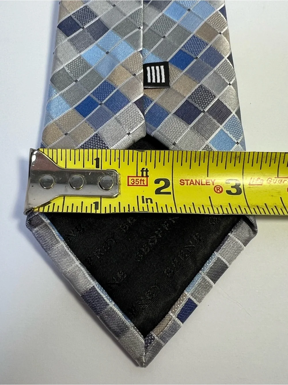 Geoffrey Beene Plaid Check Woven Men’s Tie Blue Gray Tan Polyester Geometric